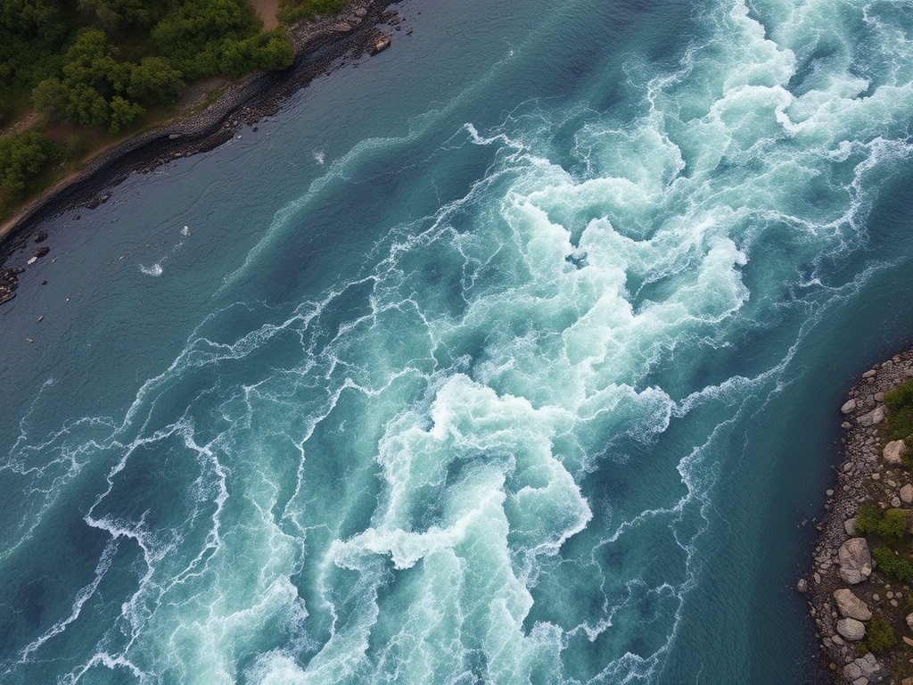 wide river with visible rapids classification differences calm vs turbulent water aerial view