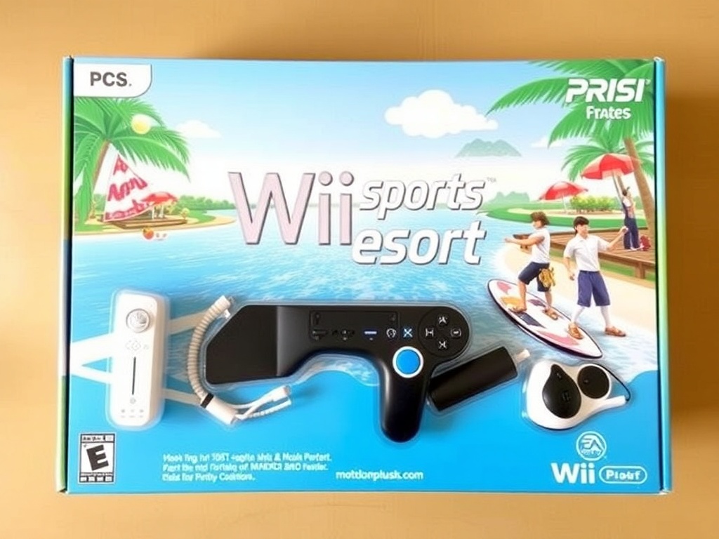 complete Wii Sports Resort big box bundle with MotionPlus accessory neatly arranged, vibrant retail packaging