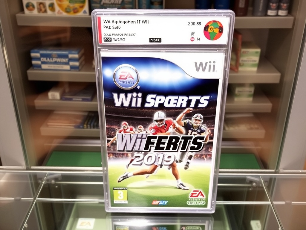 graded Wii Sports game in protective slab with rating label, collector showcase