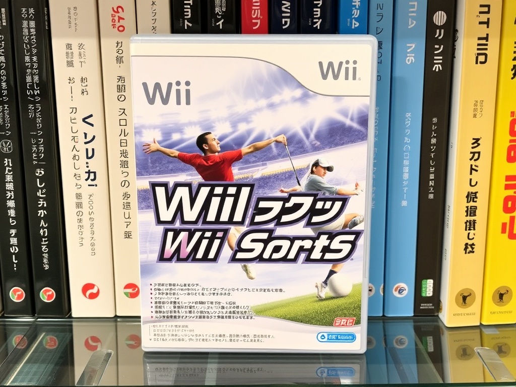 Japanese Wii Sports game case with unique cover art and Japanese text, displayed on collector shelf
