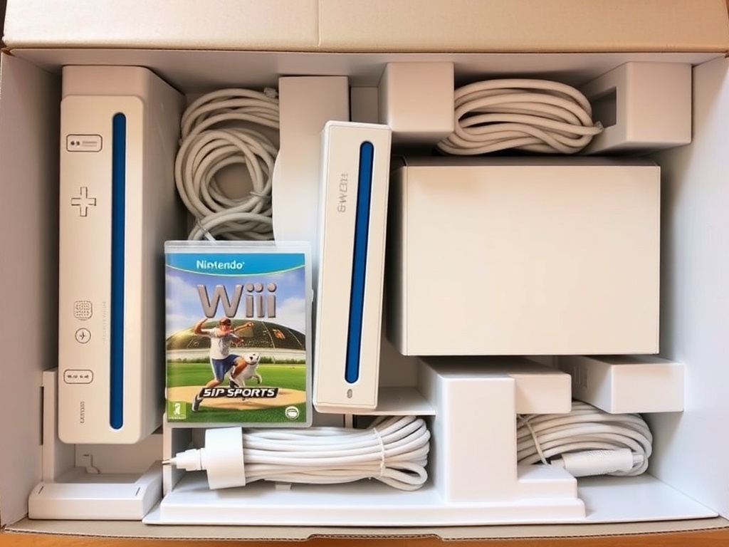 original Nintendo Wii console complete in box with Wii Sports included, neatly arranged