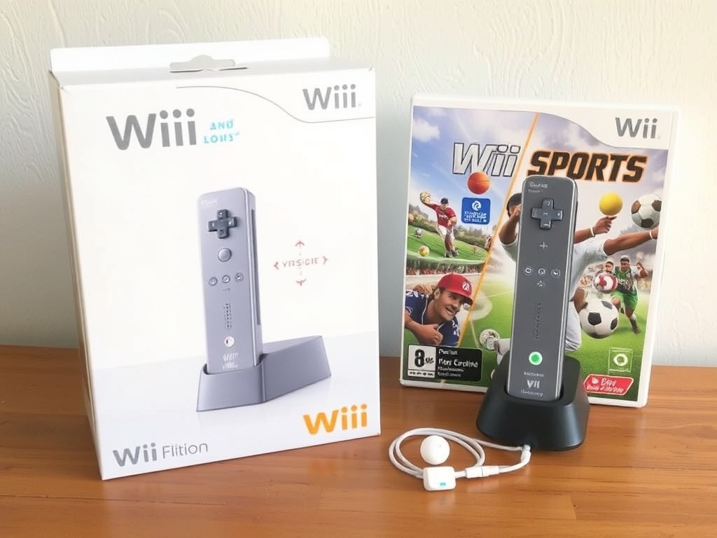 special edition Wii Remote with MotionPlus accessory next to Wii Sports packaging