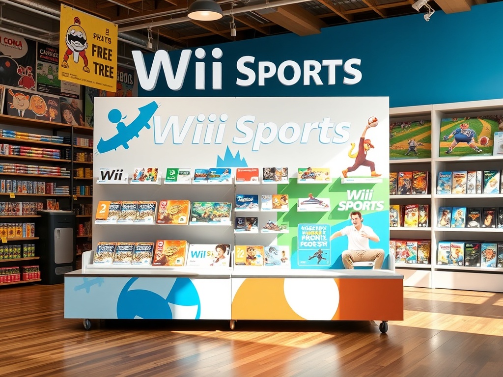 Wii Sports retail display standee with bold branding, vintage game store atmosphere