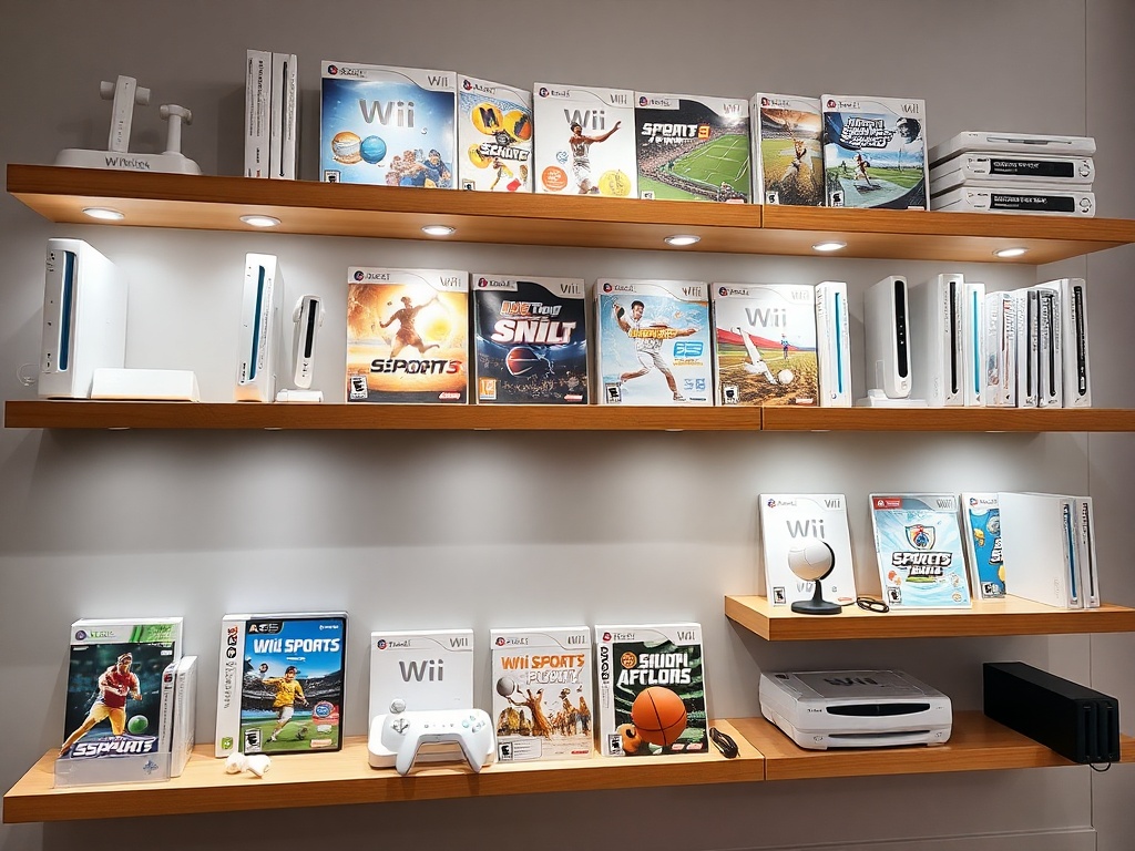 A pristine collection of Wii Sports games and accessories, neatly displayed on floating shelves with bright lighting