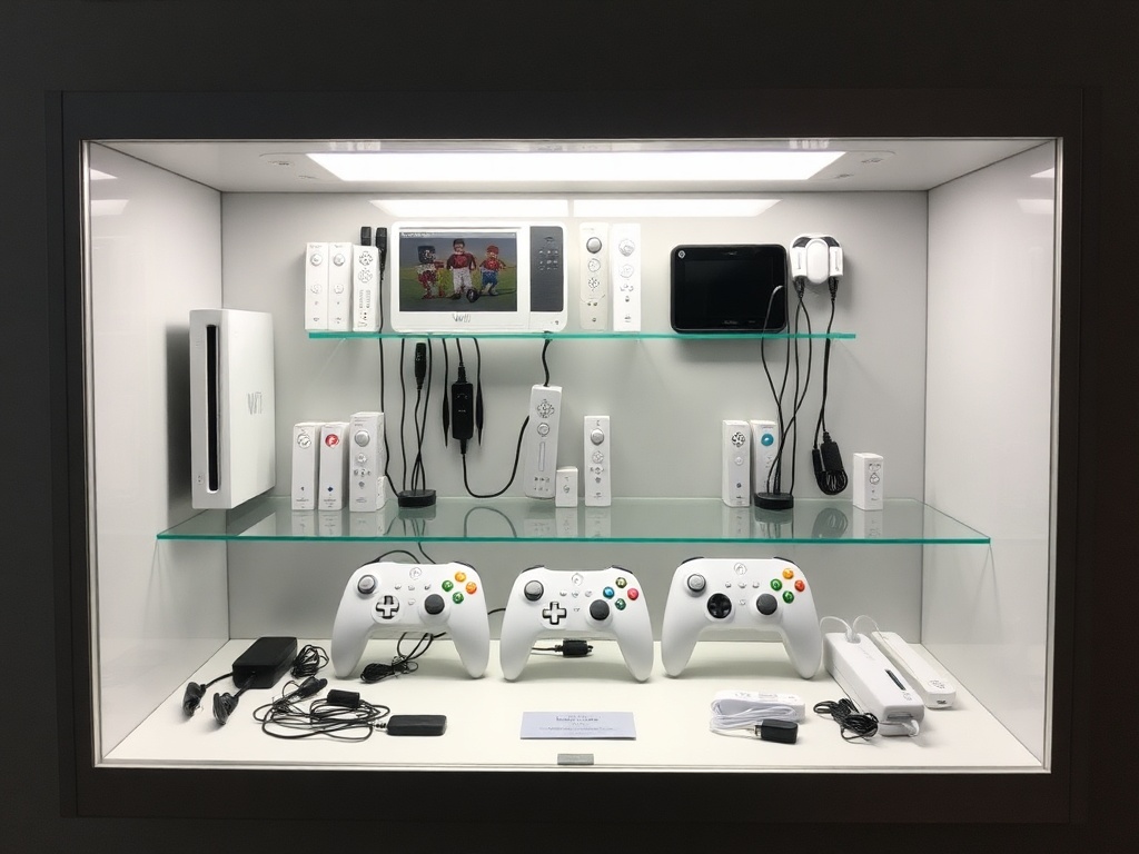 Climate-controlled display case housing rare Wii Sports controllers and accessories