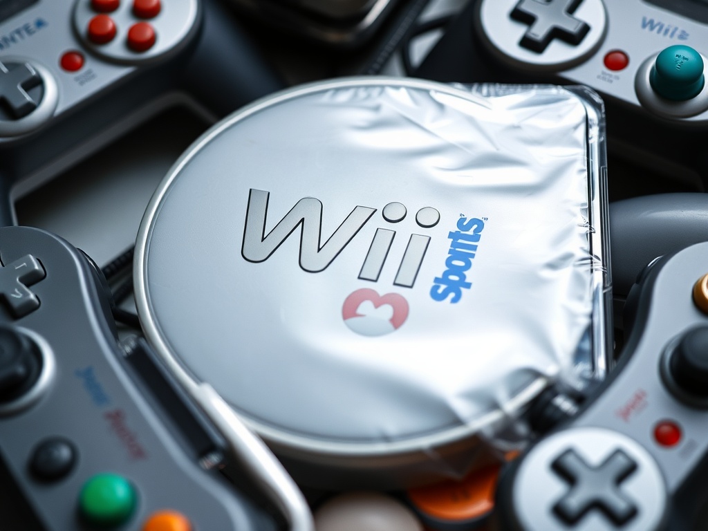 Close-up of sealed Wii Sports game with gleaming cover art, surrounded by vintage controllers