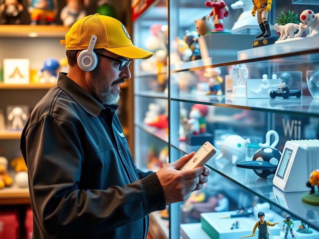 Collector browsing a vibrant online marketplace for rare Wii Sports collectibles