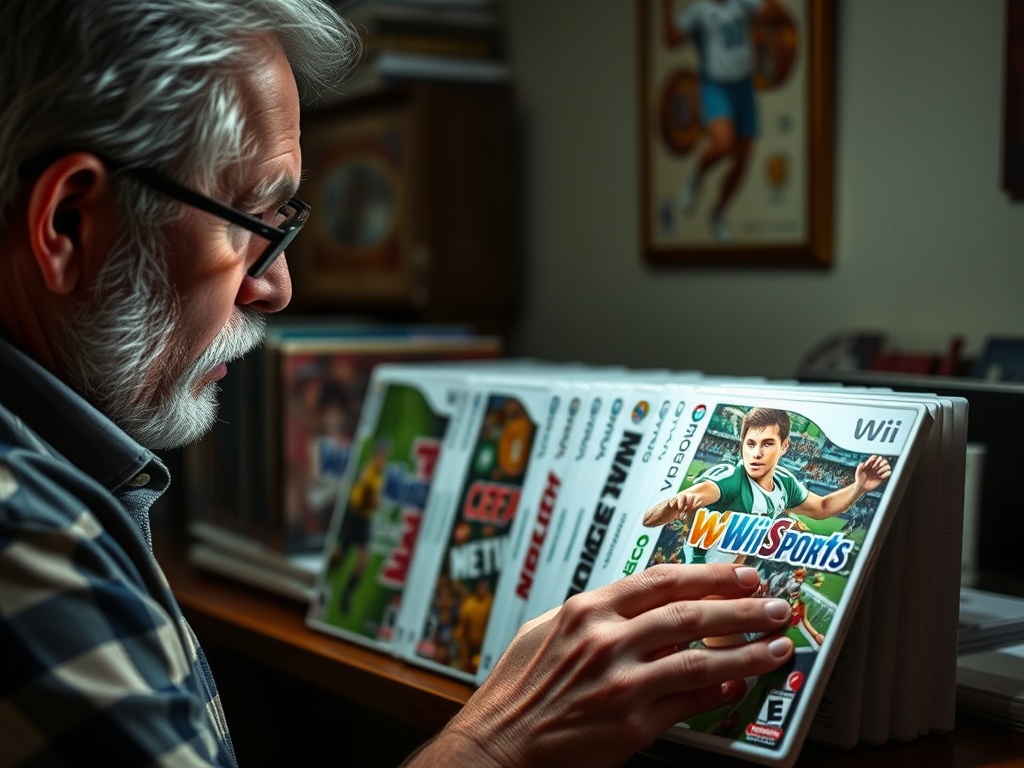 Collector verifying serial numbers on rare Wii Sports game boxes under soft lighting