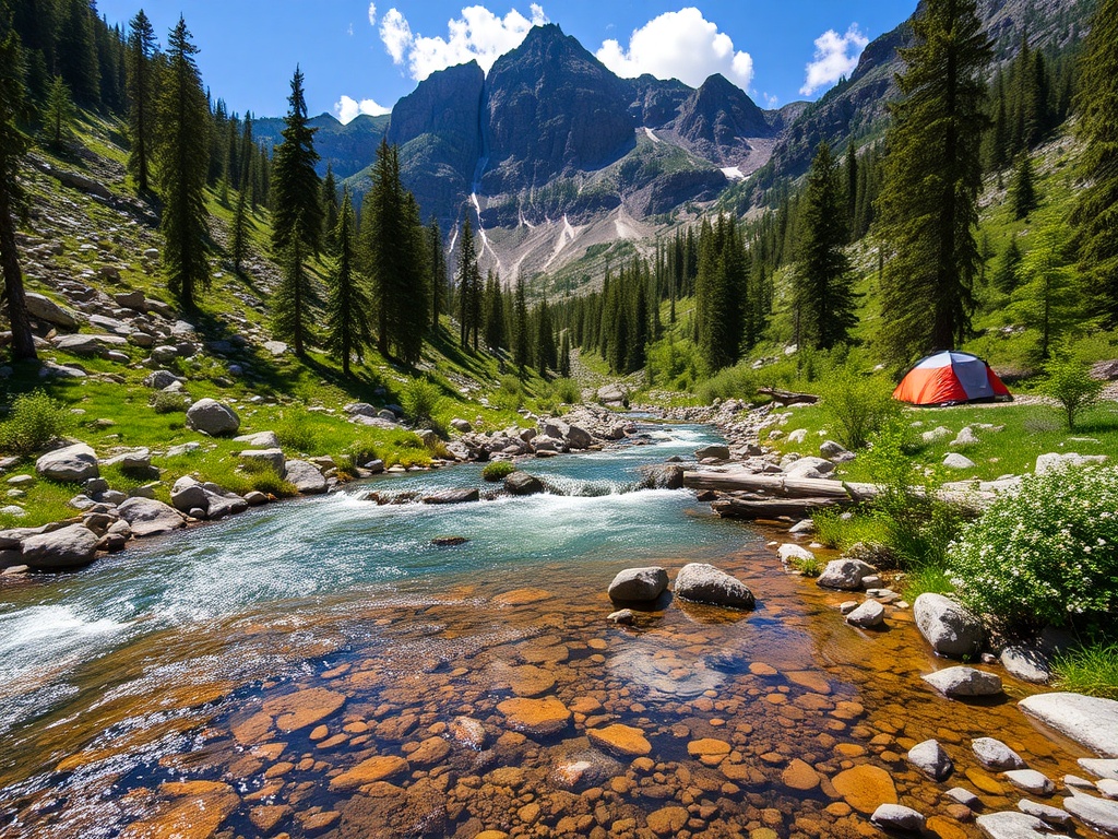 A pristine mountain stream beside a secluded camping area with minimal human impact