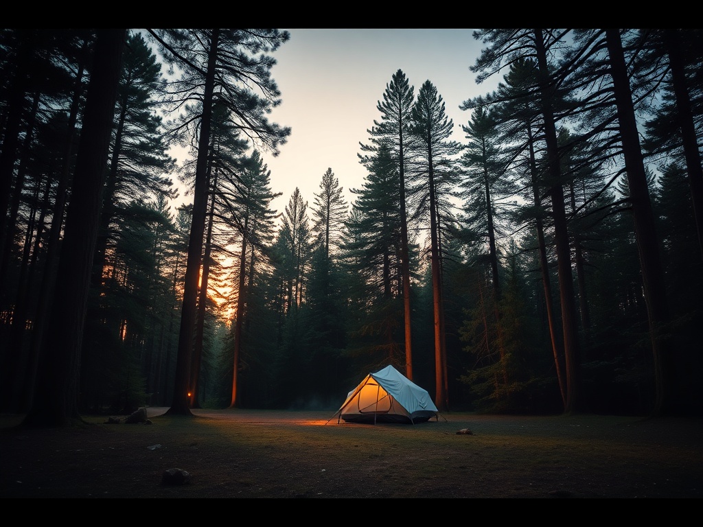 A serene forest clearing at dusk with a single tent pitched among towering pines, soft golden light filtering through the trees