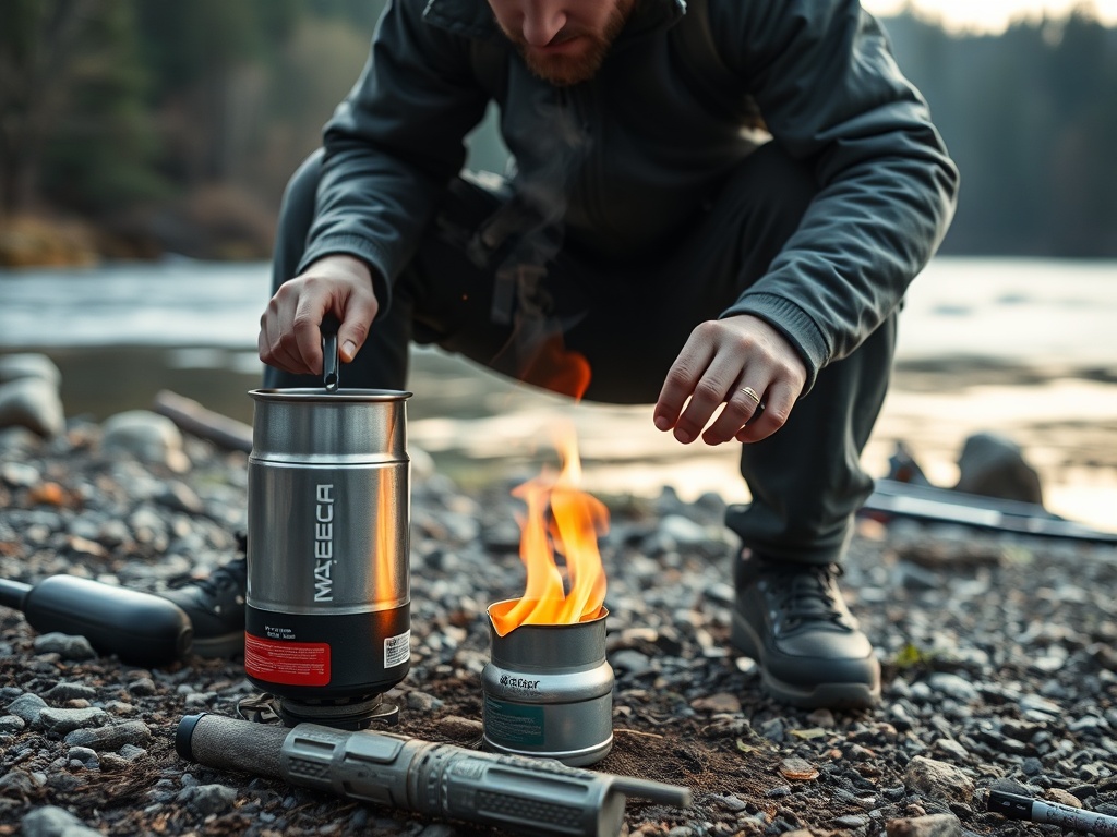 Backpacker boiling water over a compact stove in a quiet riverbank setting