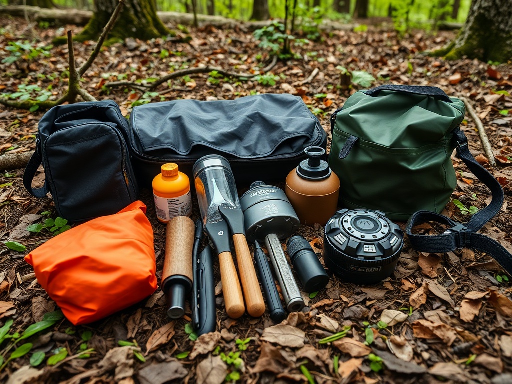 Close-up of essential wild camping gear neatly arranged on a forest floor