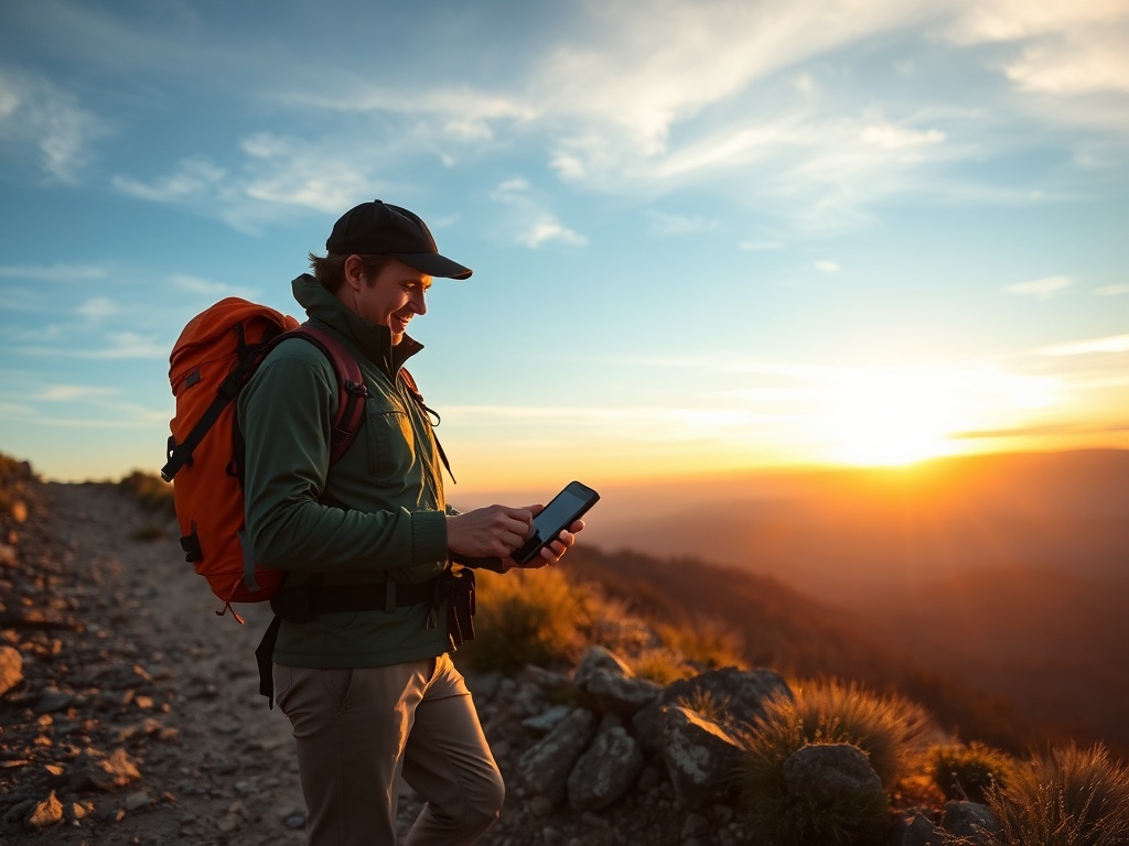 Hiker with GPS device checking location on a rugged trail, sunset backdrop