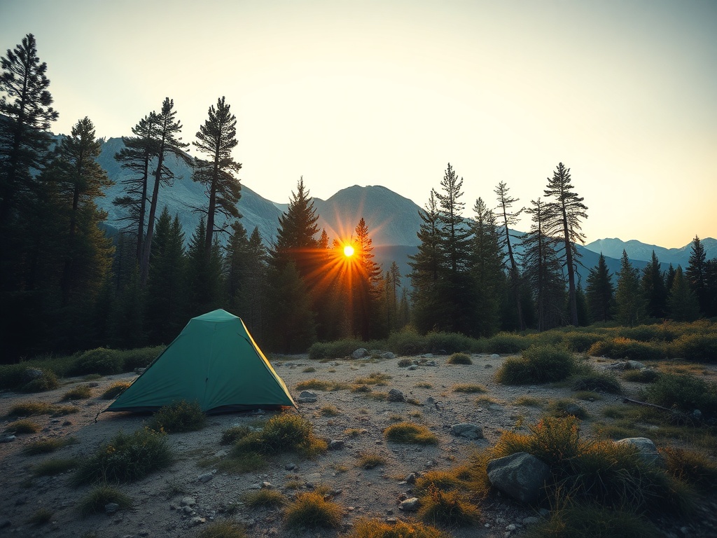 Pristine wild camping area with no visible human impact, sunrise lighting