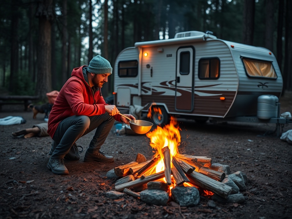 camper safely cooking over small campfire
