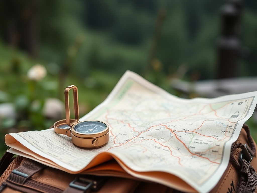 map, compass, and backpack ready for hiking