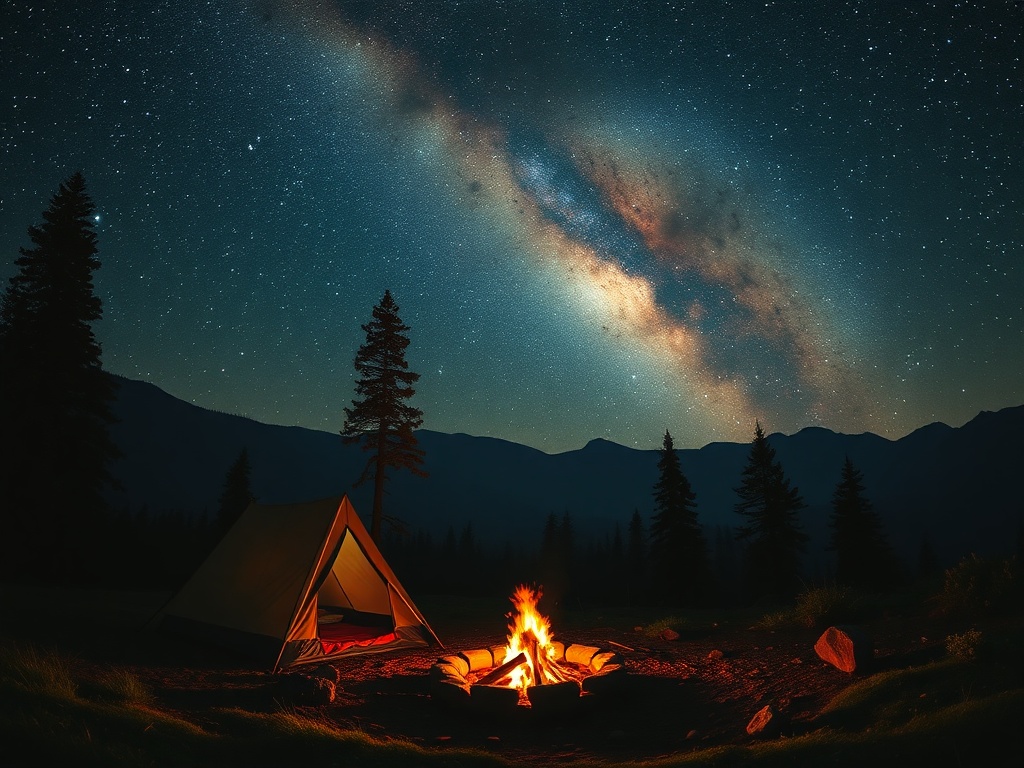 starlit wilderness campsite with tent and fire