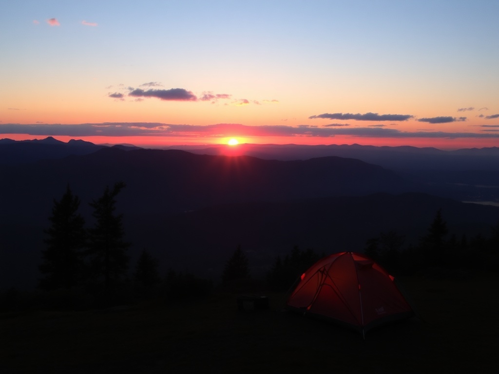 sunset over remote campsite with tent silhouette