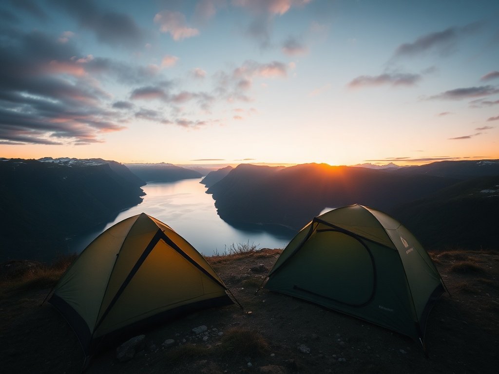 wild camping tent overlooking a fjord at sunrise