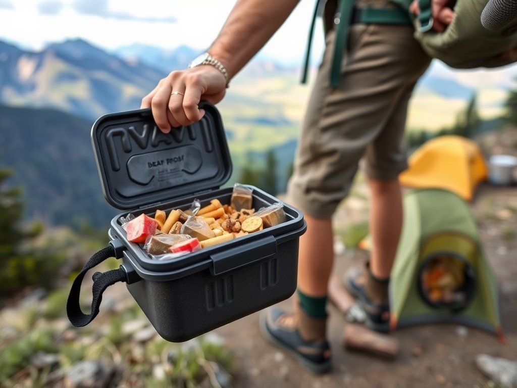 A hiker holding a bear-proof food container, with distant mountains and a bear-safe campsite in the background