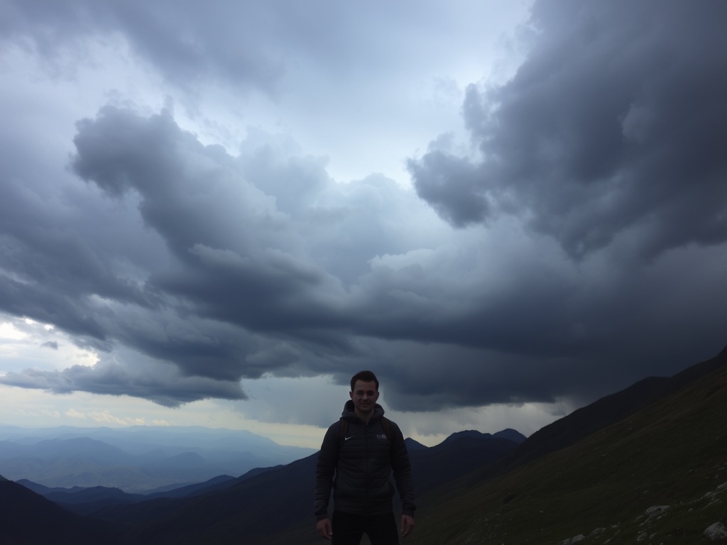 A hiker standing in front of a stormy sky, with dark clouds rolling in over a mountainous landscape