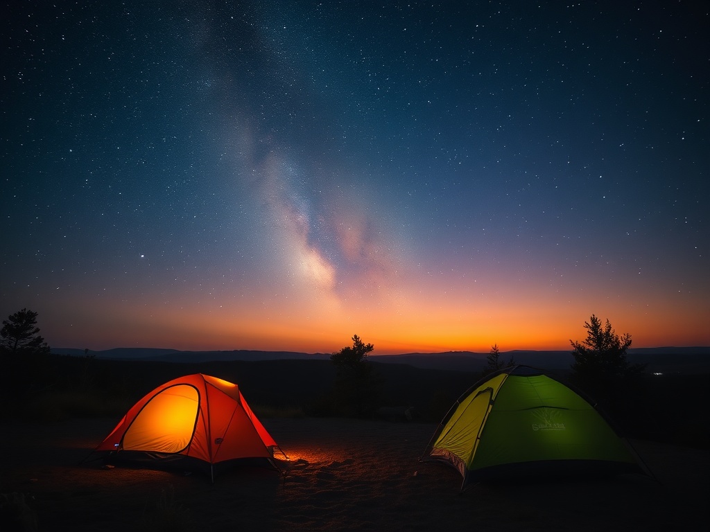 A tranquil wild camping scene at sunset, with tents pitched under a star-filled sky, surrounded by nature