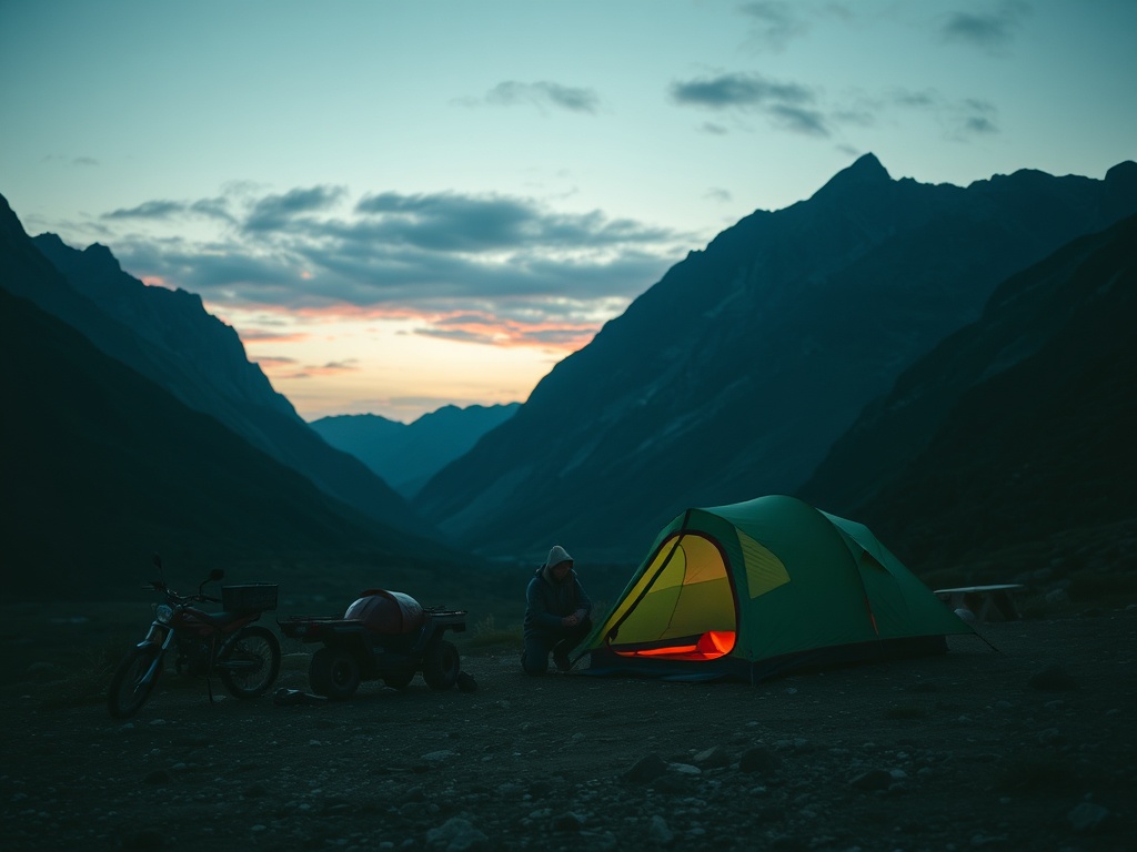 camper quietly setting up tent at dusk in a remote valley, soft twilight tones