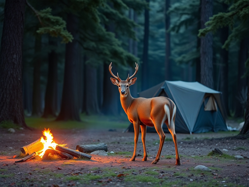 deer standing near a quiet forest campsite at dawn, peaceful and undisturbed nature