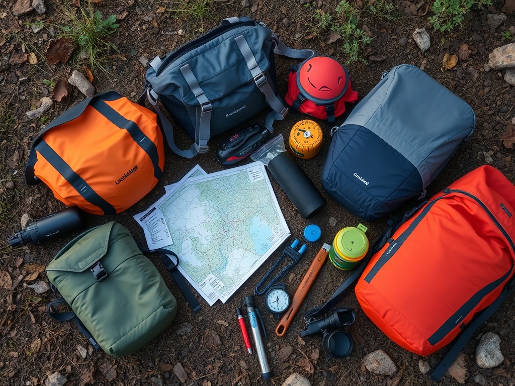 organized backpacking gear laid out on ground, ultralight camping equipment, map, compass