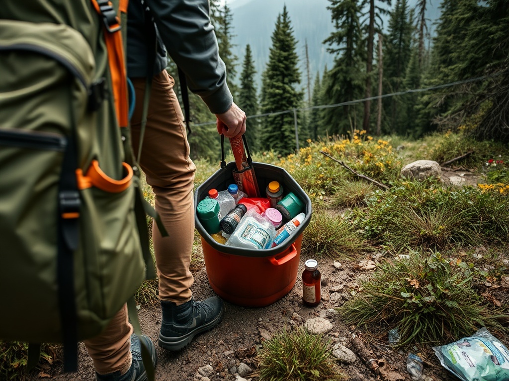 person packing out trash into a backpack in wilderness, leave no trace ethics