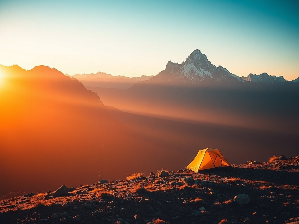 remote mountain landscape with a lone tent at sunrise, untouched wilderness, soft golden light