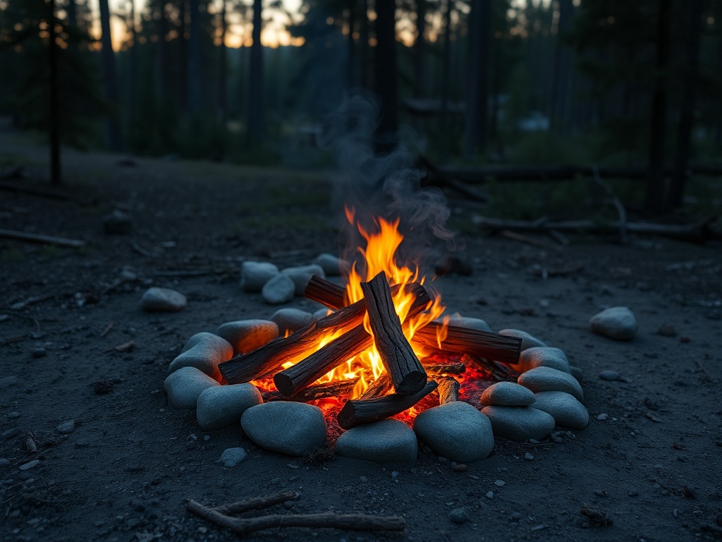 small controlled campfire in a safe fire ring at dusk, minimal smoke, wilderness setting