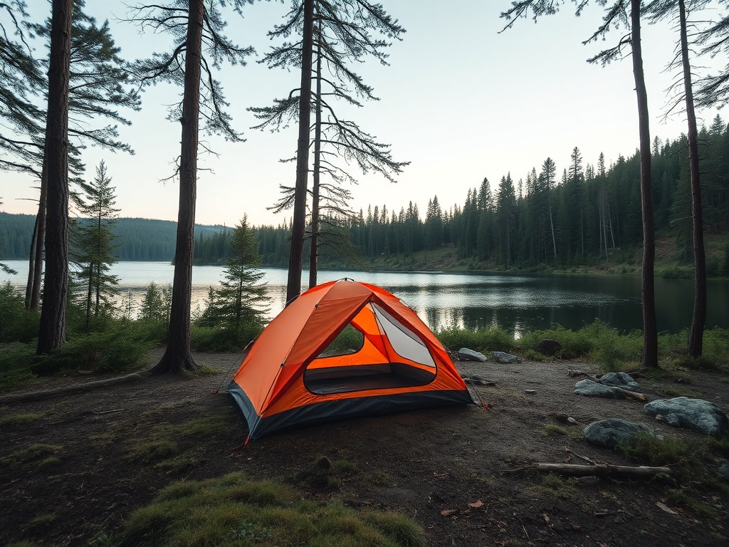 small lightweight tent tucked into forest clearing beside a lake, minimal impact camping setup