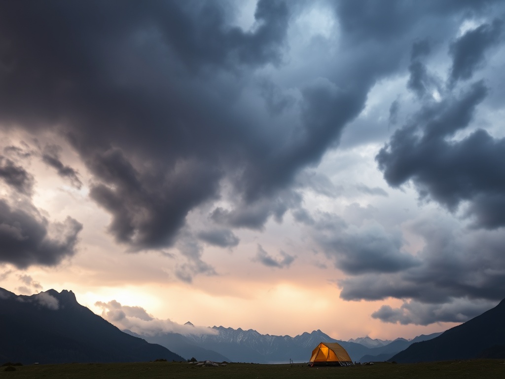 storm clouds gathering over mountains with a lone camper reconsidering setup, dramatic sky