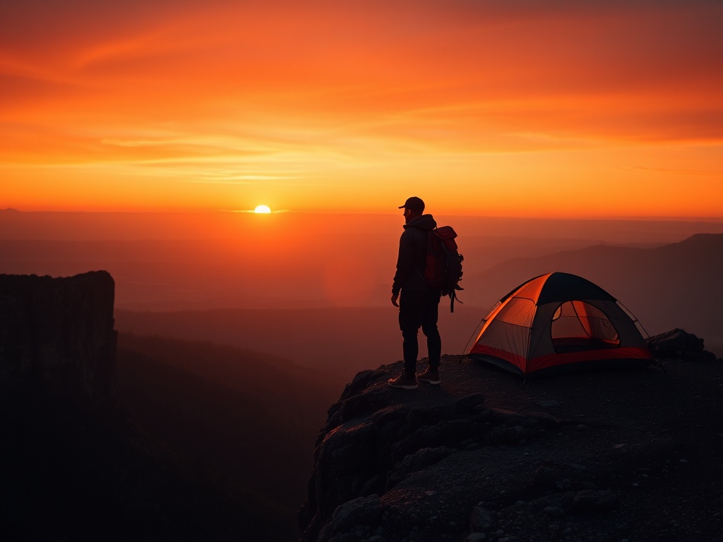 camper silhouetted against sunset on cliff edge with backpack and tent