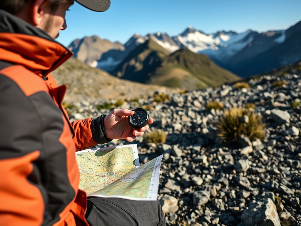 camper using compass and map on rocky terrain with mountains in background