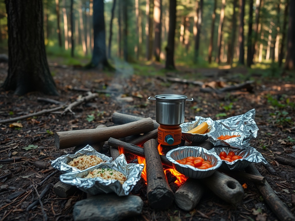 campfire cooking with portable stove and foil-wrapped meals in forest clearing