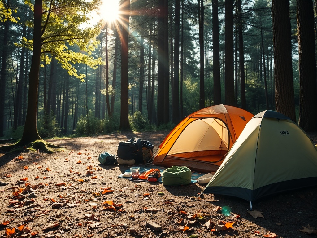 camping gear spread out on forest ground with sunlight filtering through leaves
