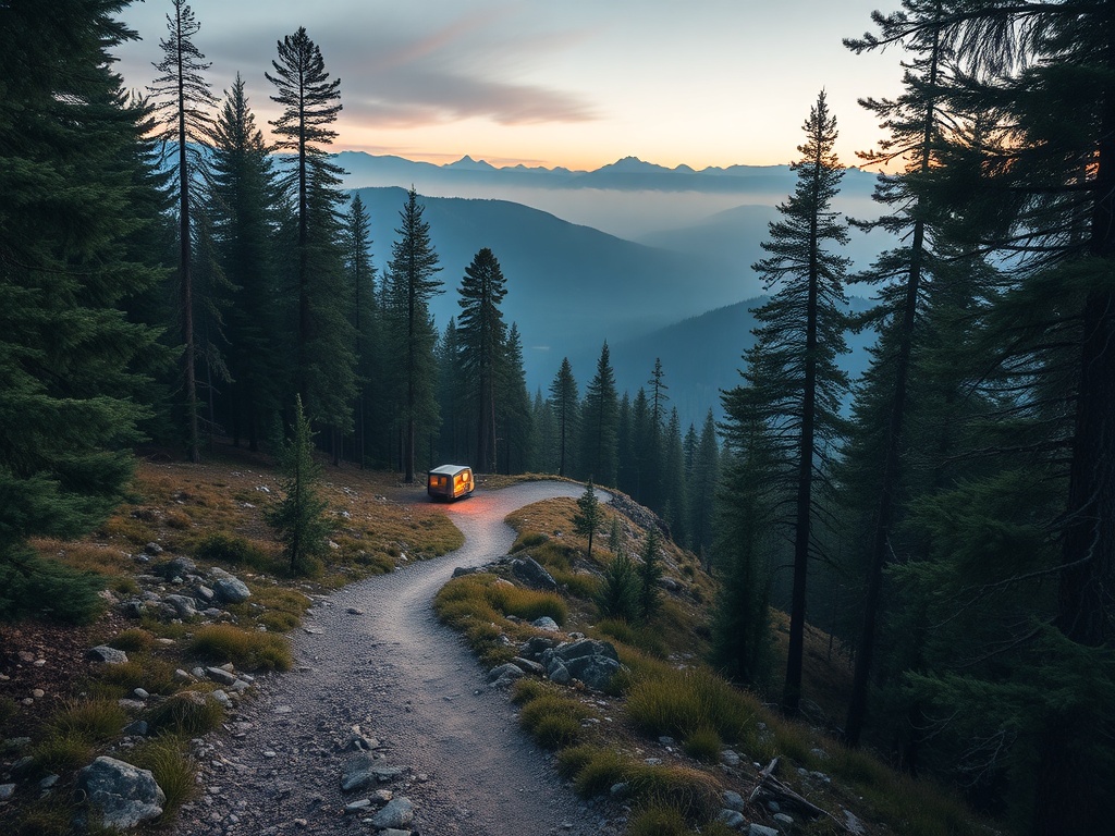 mountain trail winding through pine forest with campers in distance