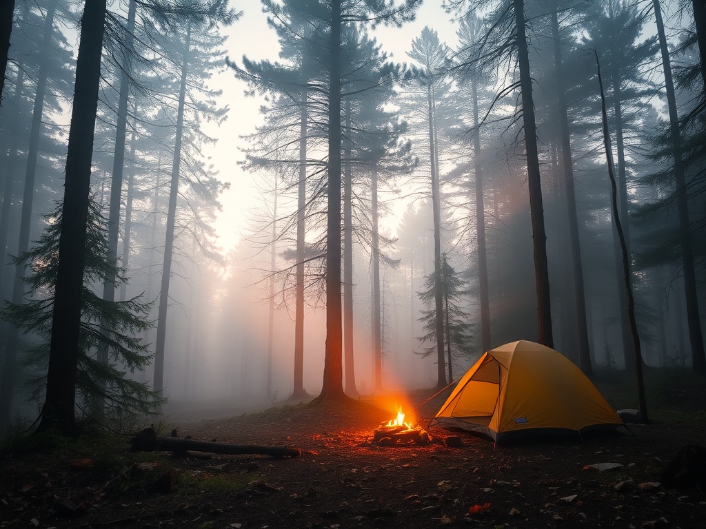 remote forest campsite with morning mist, sunrise light filtering through trees