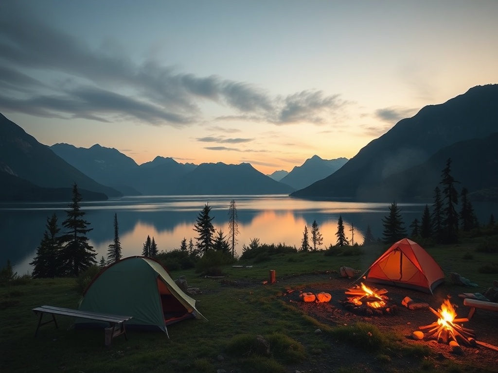 serene campsite by a mountain lake at dusk with tents and campfire