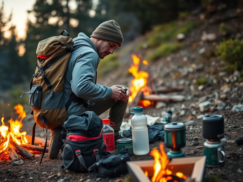 a backpacker organizing gear by a campfire with a packed backpack, water bottle, and stove set up