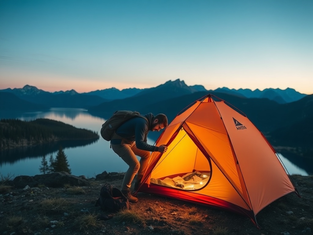 a hiker carefully setting up a tent by a calm lake with distant mountains, early morning light casting a soft glow