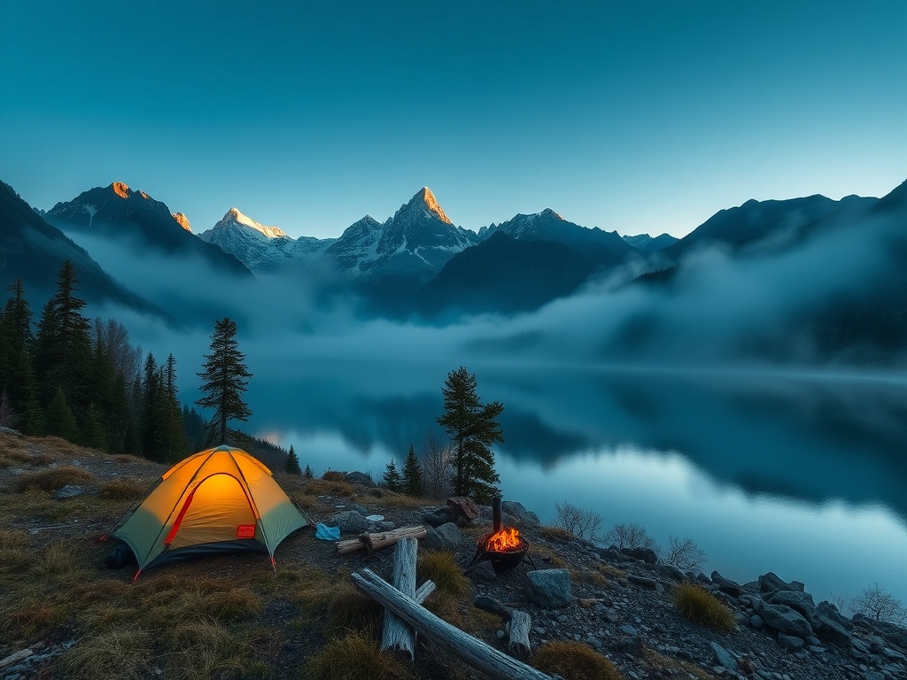 a serene, isolated camping spot near a lake surrounded by mountains at dawn with mist hovering over the water