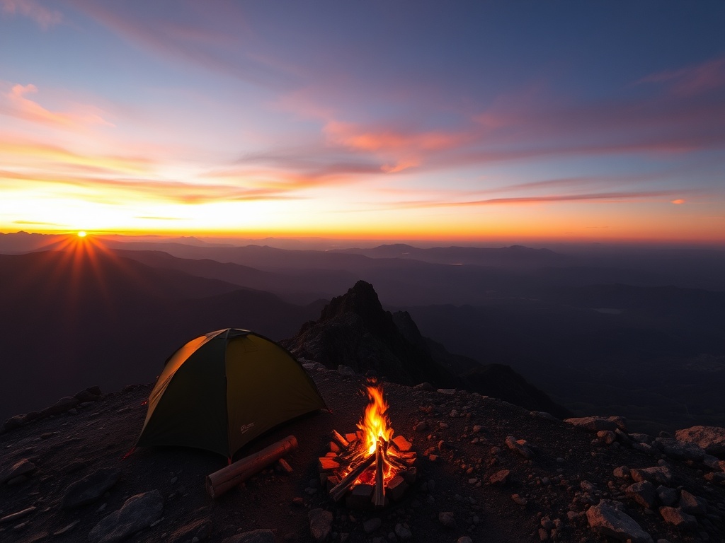 a sunset with a campfire glowing softly in front of a tent on a rocky mountain ridge
