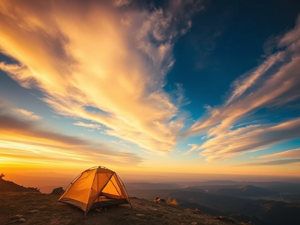 a solitary tent pitched on a ridge at sunset overlooking a vast wilderness, dramatic sky, warm golden light, sense of isolation and freedom