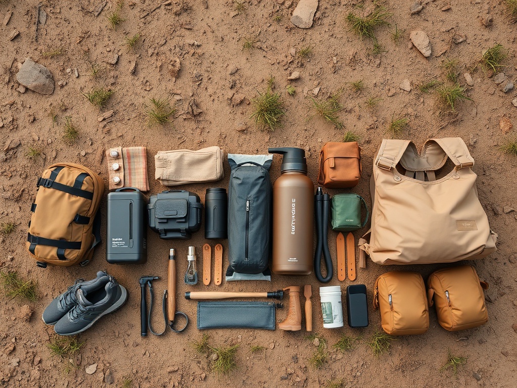 flat lay of minimalist wild camping gear neatly arranged on the ground, ultralight backpacking equipment, earthy tones