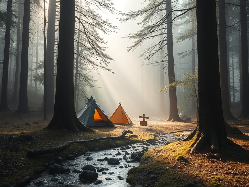 hidden forest campsite with a small minimalist tent tucked between trees near a quiet stream, soft morning mist, peaceful atmosphere
