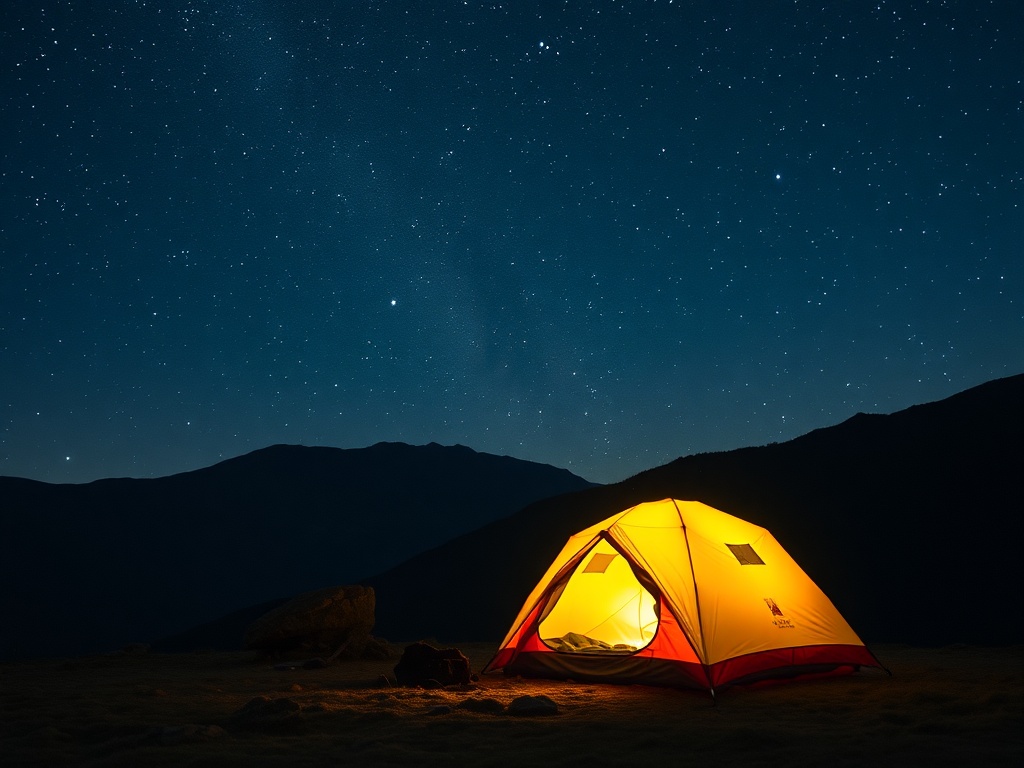 nighttime wild camping scene with a glowing tent under a star-filled sky, mountains silhouetted, sense of calm and isolation