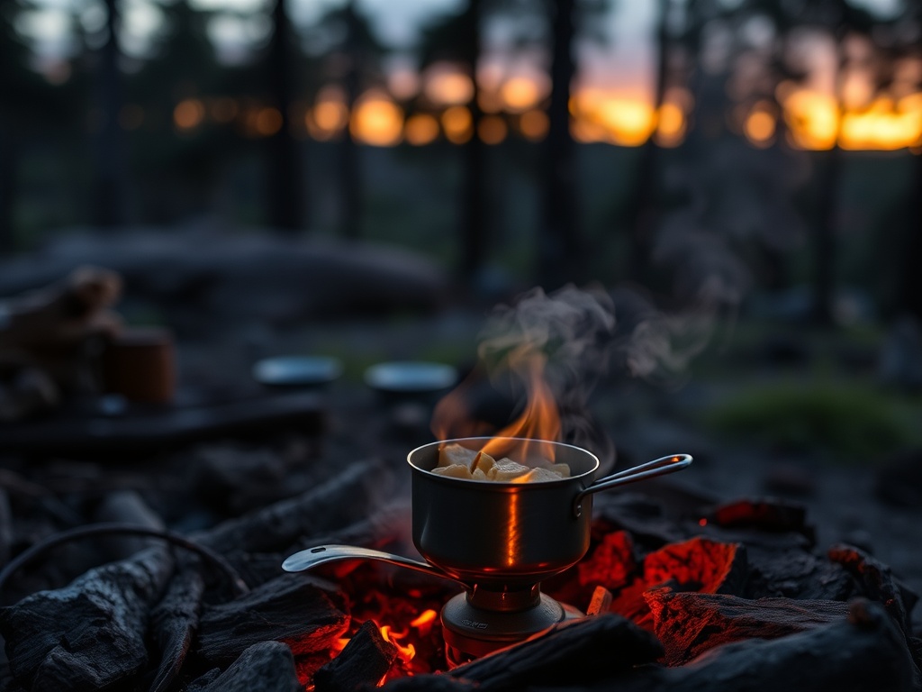 simple camp meal cooking on a small backpacking stove at dusk, steam rising, cozy wilderness atmosphere